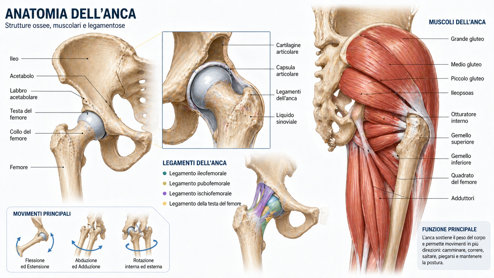 Al momento stai visualizzando Anatomia dell’anca: ossa, femore, muscoli, legamenti e funzionamento dell’articolazione